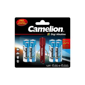 باطری کملیون مدل Digi Alkaline بسته 8 عددی به همراه چراغ قوه ا Camelion Digi Alkaline Battery Pack Of 8 Flashl