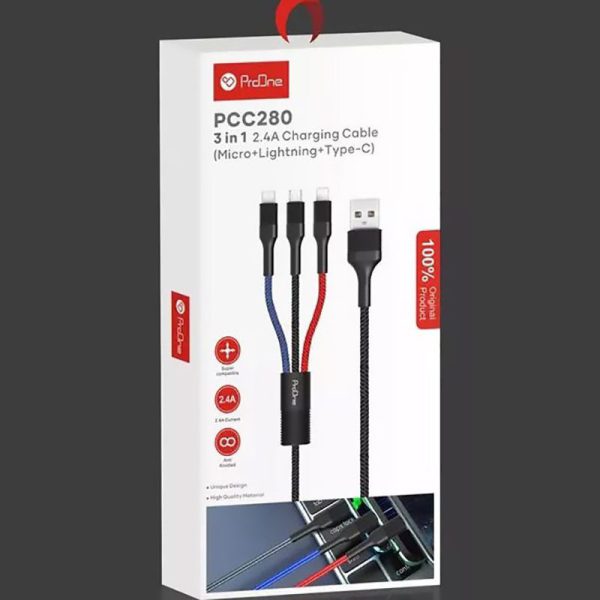 کابل ۳ سر فست شارژ ProOne PCC280 2.4A 1m ا ProOne Pcc280 2.4A 1m 3IN1 Cable — تصویر 3