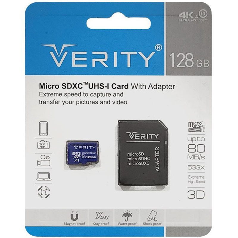 VERITY-MICRO-SD-128GB-CLASS-10-U3-01 رم میکرو 128 گیگ VERITY مدل U3 80MB/s 533X آداپتور دار — تصویر 2