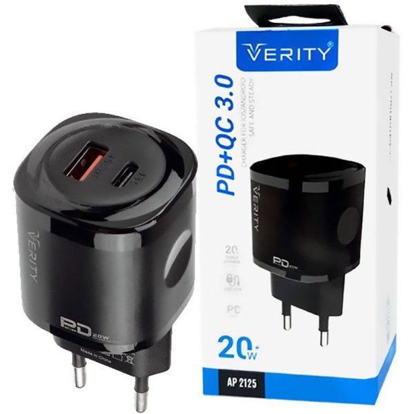 شارژر دیواری فست شارژ Verity AP-2125 2Port 3A QC3.0 PD 20W + کابل تایپ سی ا Verity AP-2125 2Port 3A — تصویر 2