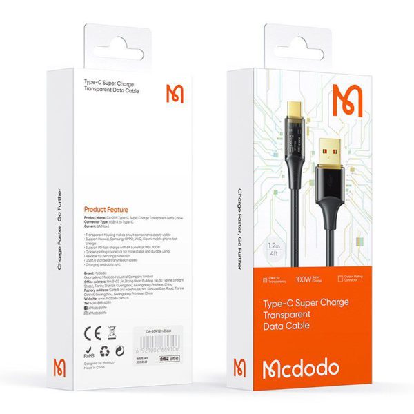 کابل تبدیل USB به Type-C مک دودو مدل Super Charge Transporent CA-209 100W طول 1.2 متر — تصویر 3
