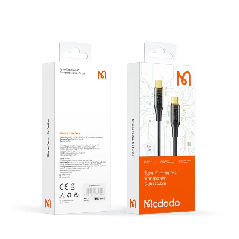 کابل تبدیل فست شارژ Mcdodo CA-2110 Type-C to Type-C 5A PD 100W 1.2m — تصویر 5
