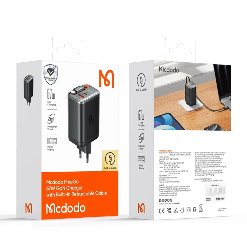 شارژر دیواری 67 وات مک دودو مدل CH-4100 به همراه کابل متصل به بدنه USB-C — تصویر 5