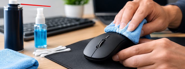 تمیز کردن ماوس کامپیوتر با دستمال میکروفایبر و ابزارهای مخصوص پاک‌سازی